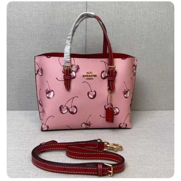 COACH Mollie Tote 25 2way Shoulder Bag Canvas Leather Cherry Pink CR293 Outlet - Picture 3 of 8